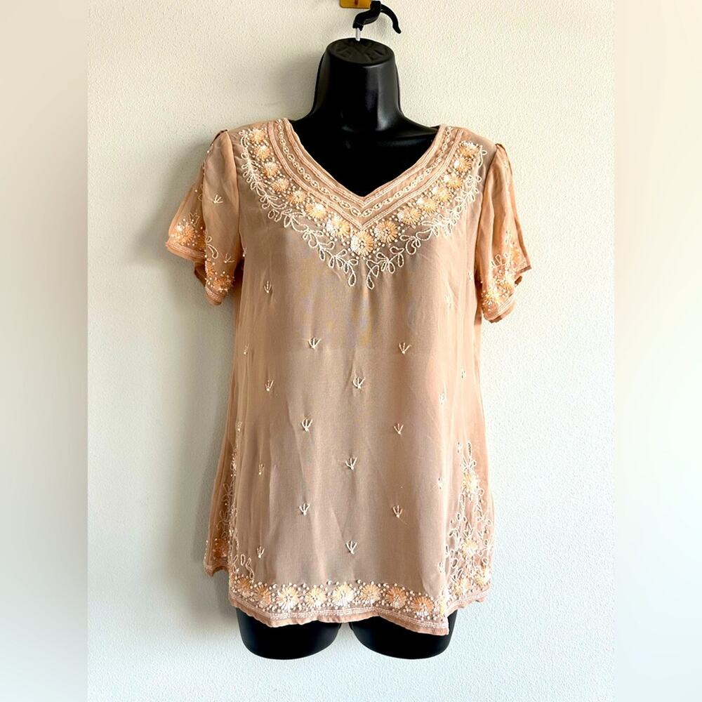 Vintage Y2K Sundance Blush Mesh Beaded Sequin Embroidered Boho Top XS Fairycore
